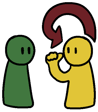 A green and yellow figure, the yellow is pointing to themself with a red arrow coming from and pointing to them.